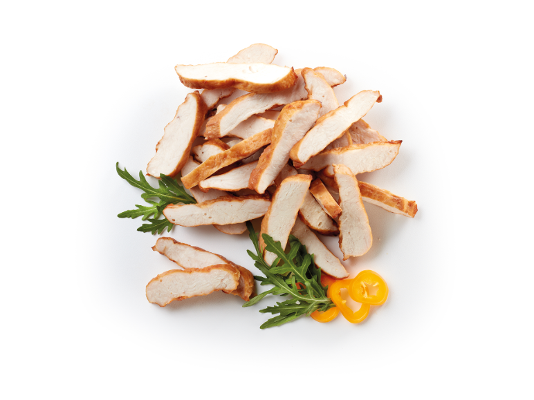Strisce di pollo cotto con rucola e peperoni gialli.