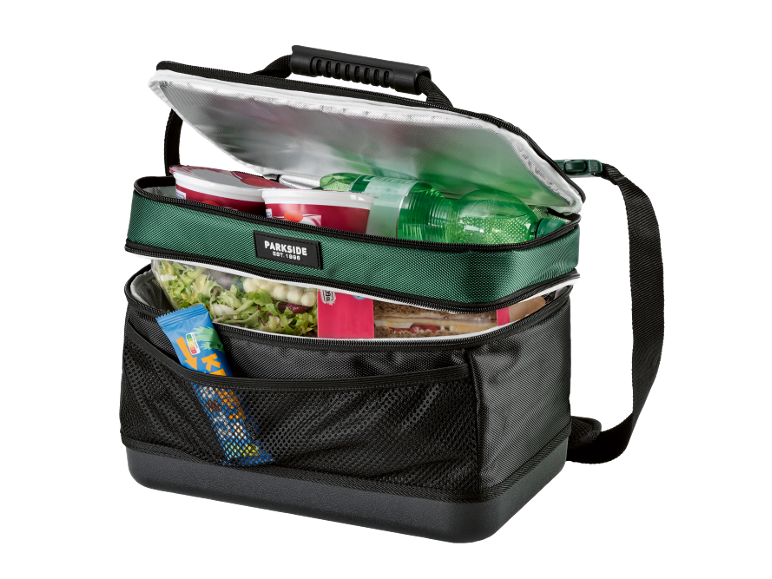 Borsa frigo a due scomparti piena di cibo e bevande.