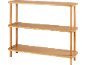 Scaffale a tre ripiani in legno chiaro con bordi arrotondati e gambe cilindriche.
