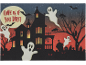 Decorazione di Halloween con casa stregata, fantasmi e la scritta 'COME IN IF YOU DARE!'