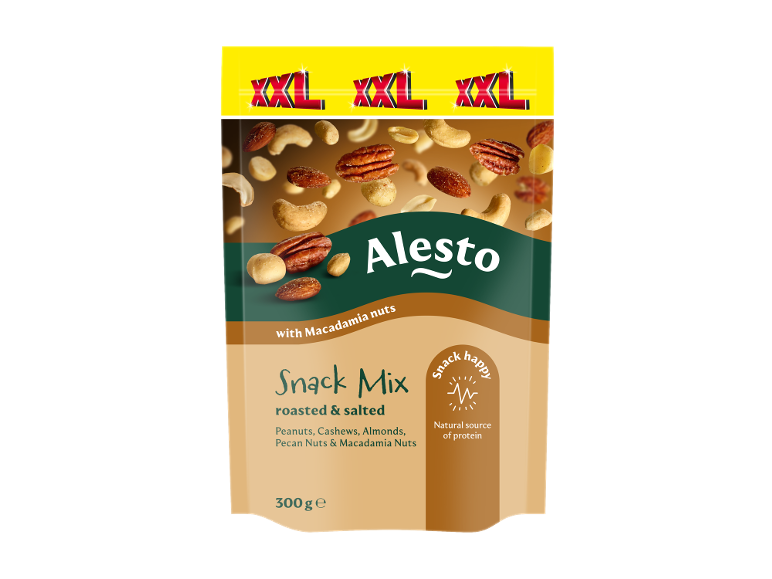 Mix di snack tostati e salati con arachidi, anacardi, mandorle, noci pecan e noci macadamia, 300g.