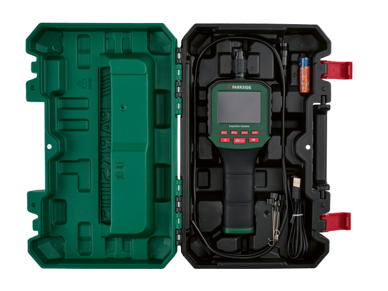 Kit telecamera di ispezione in custodia aperta, con batterie e cavo.