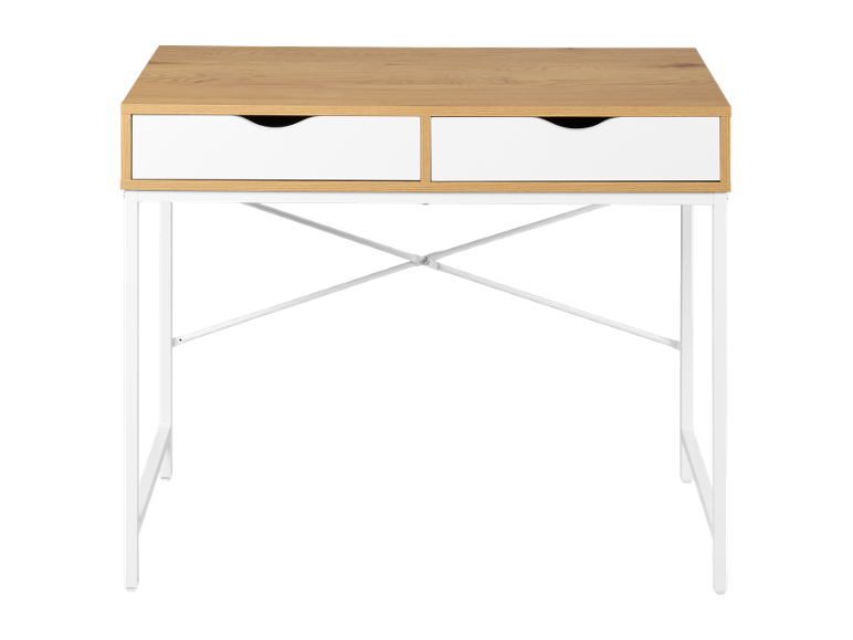 Scrivania in legno con cassetti bianchi e struttura in metallo bianco