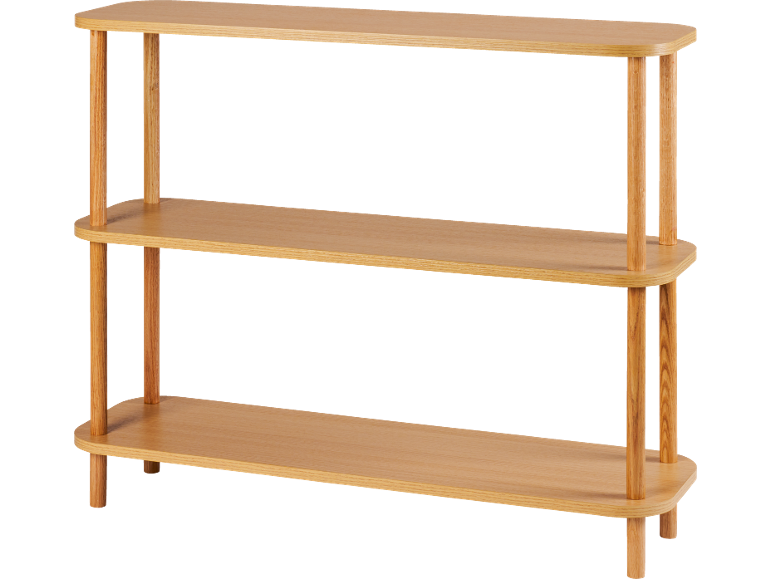 Scaffale a tre ripiani in legno chiaro con bordi arrotondati e gambe cilindriche.