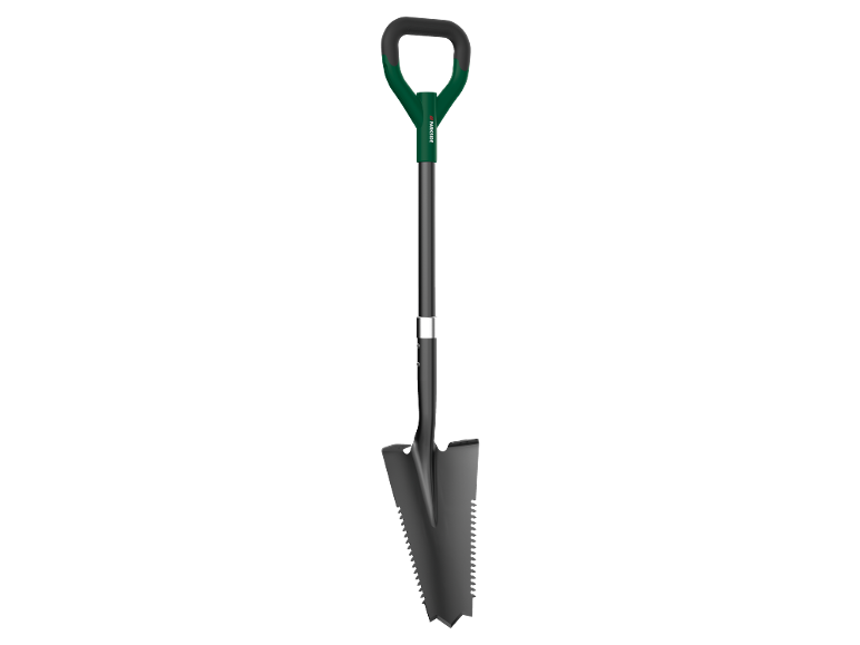 Pala da giardinaggio verde e nera con manico a D e bordo seghettato.