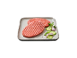 Due hamburger crudi con cetrioli, cipolla rossa ed erbe aromatiche su un piatto.