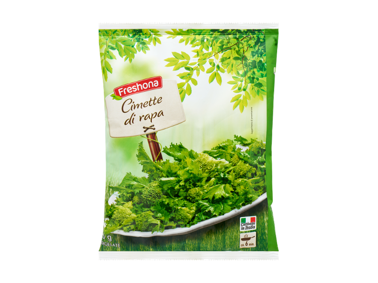 Cimette di rapa surgelate Freshona in busta.