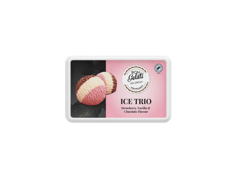 Vasetto di gelato con palline di gelato alla fragola, vaniglia e cioccolato.