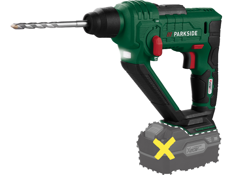 Martello perforatore a batteria con batteria e punta.