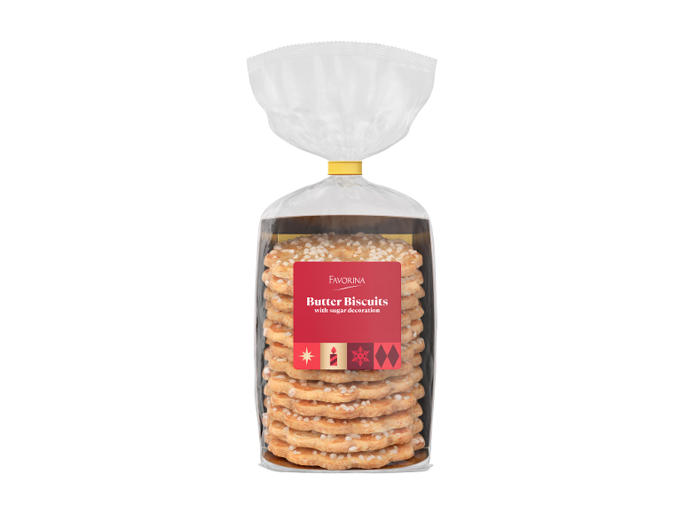 Confezione di biscotti al burro con decorazione di zucchero ed etichetta festiva.