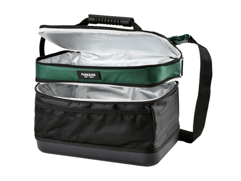 Borsa termica aperta a due scomparti in verde e nero con la scritta 'EST. 1988'.