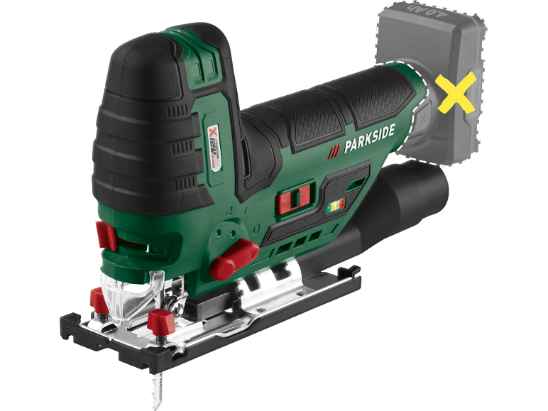 Seghetto alternativo a batteria verde e nero con batteria rimossa, su sfondo nero.