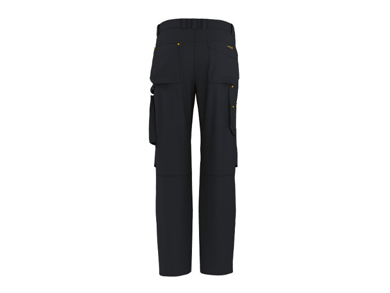 Pantaloni da lavoro blu scuro con tasche laterali e dettagli arancioni, vista posteriore.