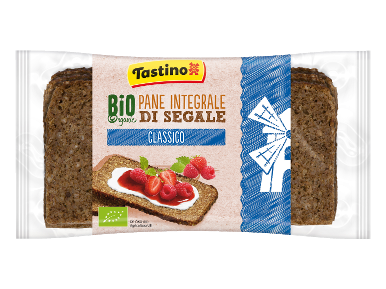 Confezione di pane di segale biologico con immagine di pane con fragole e lamponi.