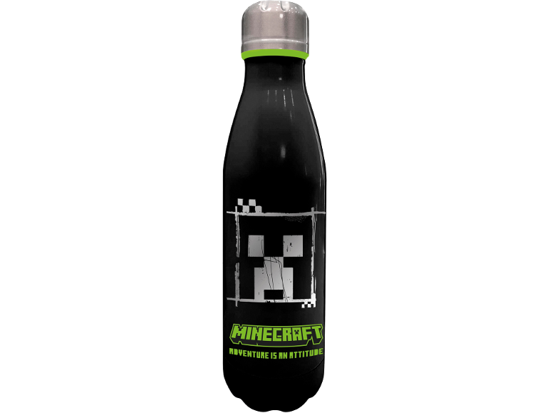 Borraccia nera con design a pixel di videogioco e testo verde.