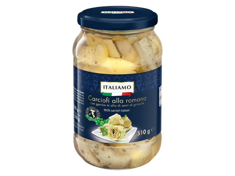 Carciofi alla romana in olio di semi di girasole, peso netto 510g.