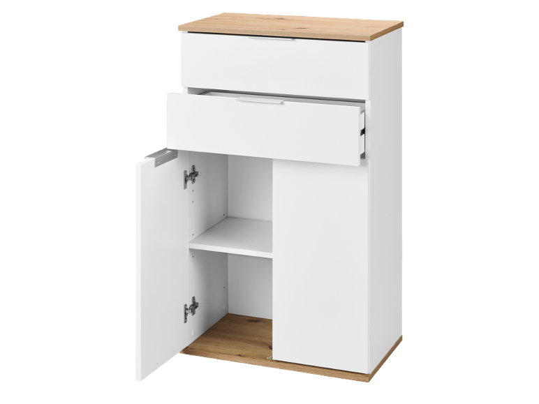 Mobiletto bianco e legno con due cassetti e un'anta aperta che rivela uno scaffale.