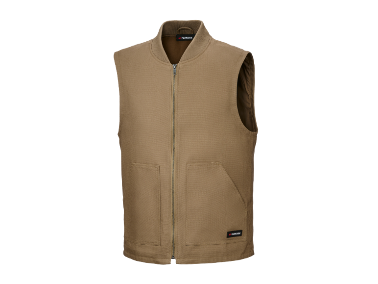 Gilet da uomo marrone con cerniera, colletto alto e due tasche.