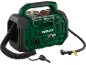 Compressore d'aria portatile verde e nero con tubi e ugelli su sfondo nero.