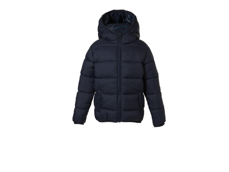 Piumino blu scuro per bambini con cappuccio e fodera interna con dinosauri.