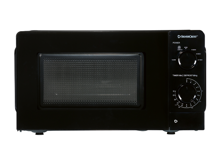 Forno a microonde nero con due manopole rotanti per potenza e timer.