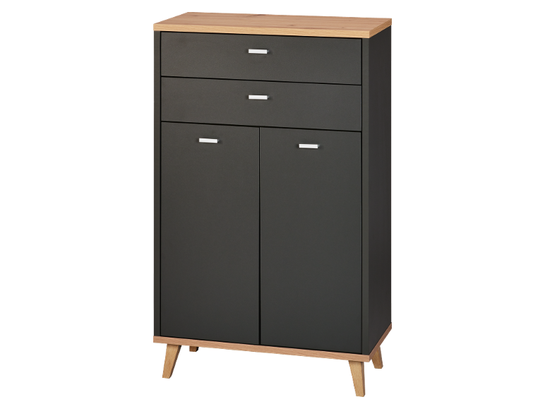 Cassettiera nera con due cassetti e due ante, con piano e gambe in legno chiaro.