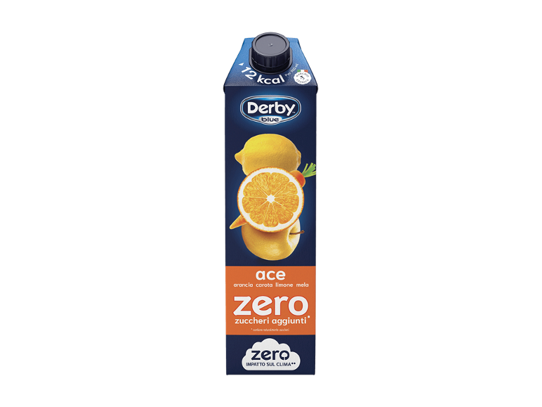 Confezione di succo blu con agrumi, carota e mela, con 12 kcal e senza zuccheri aggiunti.
