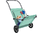 Carrello da spiaggia con giochi di sabbia, secchiello e asciugamano.