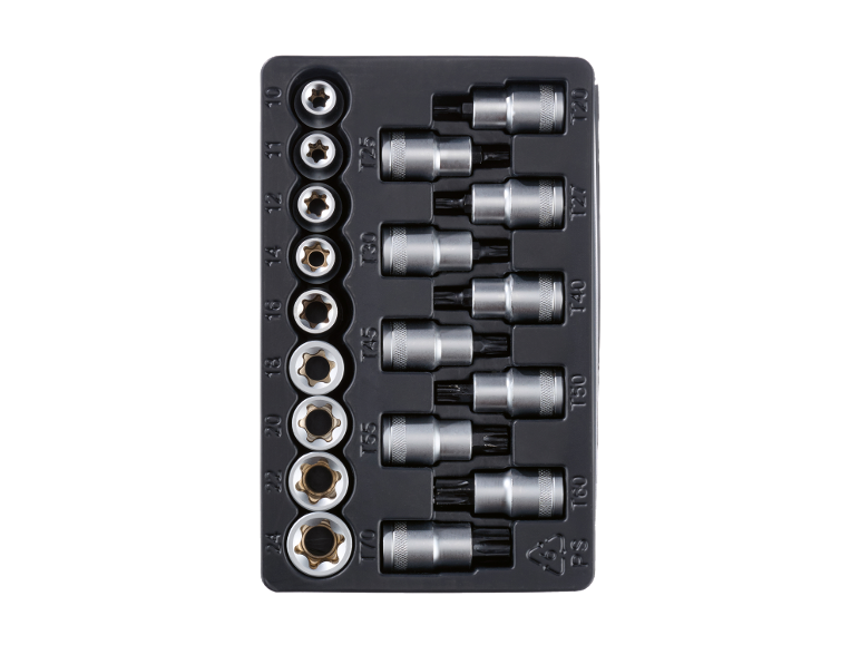 Set di bussole e inserti Torx in vassoio nero, con misure da 10 a 70 e da T20 a T70.