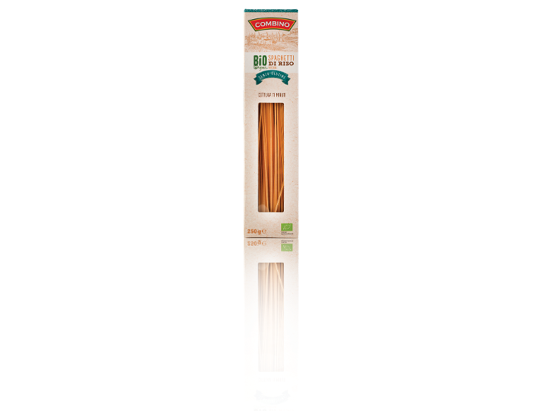 Confezione da 250 g di spaghetti di riso biologici senza glutine con tempo di cottura di 11 minuti.