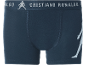 Boxer da uomo blu scuro con logo sportivo bianco e testo sulla fascia in vita.
