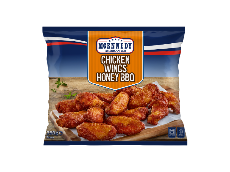 Confezione da 750g di alette di pollo congelate al miele BBQ, con istruzioni di cottura.