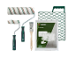 Set per pittura con pennello, rulli, griglia per pittura e telo antipolvere.