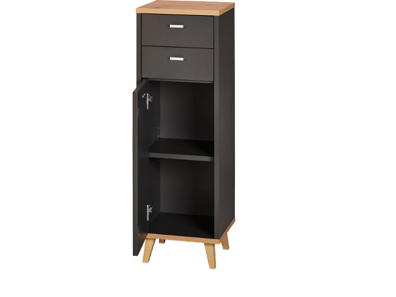 Mobile contenitore grigio scuro con due cassetti e un'anta, su gambe in legno chiaro.
