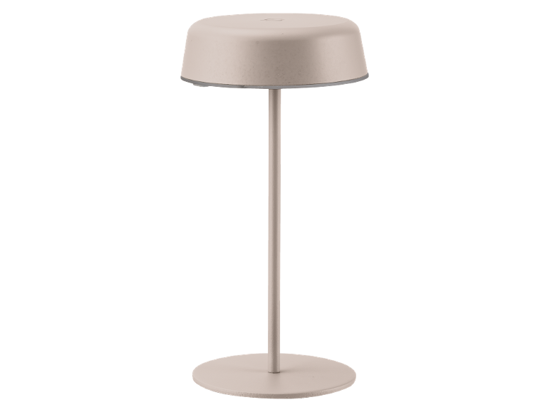 Lampada da tavolo beige con base e paralume rotondi.