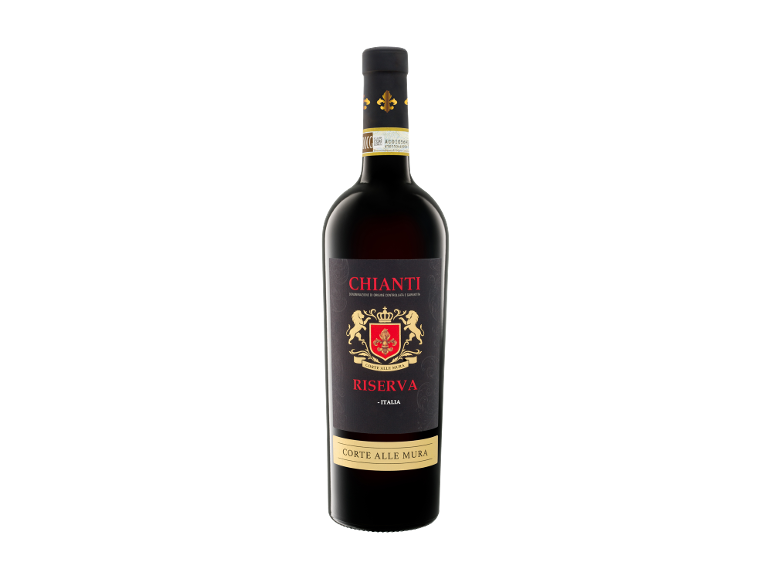 Bottiglia di vino rosso Chianti Riserva con etichetta nera e dettagli dorati.