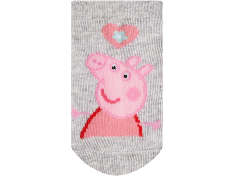Calzino grigio con disegno di maialino rosa e cuore con fiore.