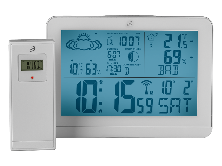 Stazione meteo digitale con sensore esterno che mostra temperatura, umidità, pressione, ora e data.