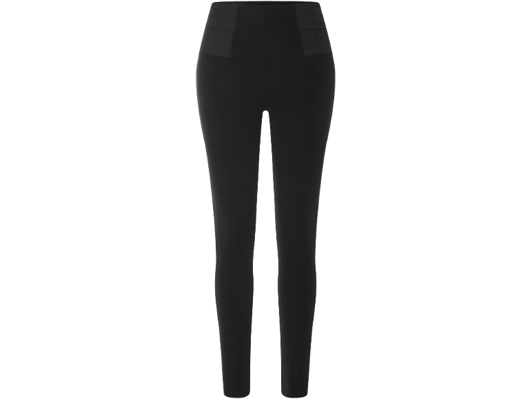 Leggings neri da donna con vita elasticizzata e dettagli di cucitura.