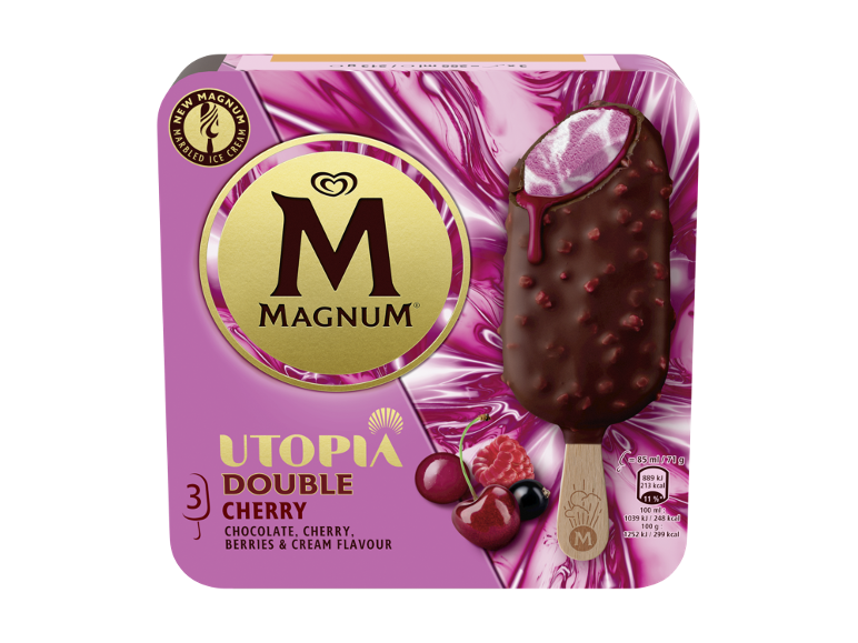 Gelato doppia ciliegia con cioccolato, ciliegia, frutti di bosco e crema, con informazioni nutrizionali.