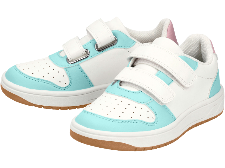 Sneakers per bambini con strappi, bianche con dettagli turchesi e suola marrone.