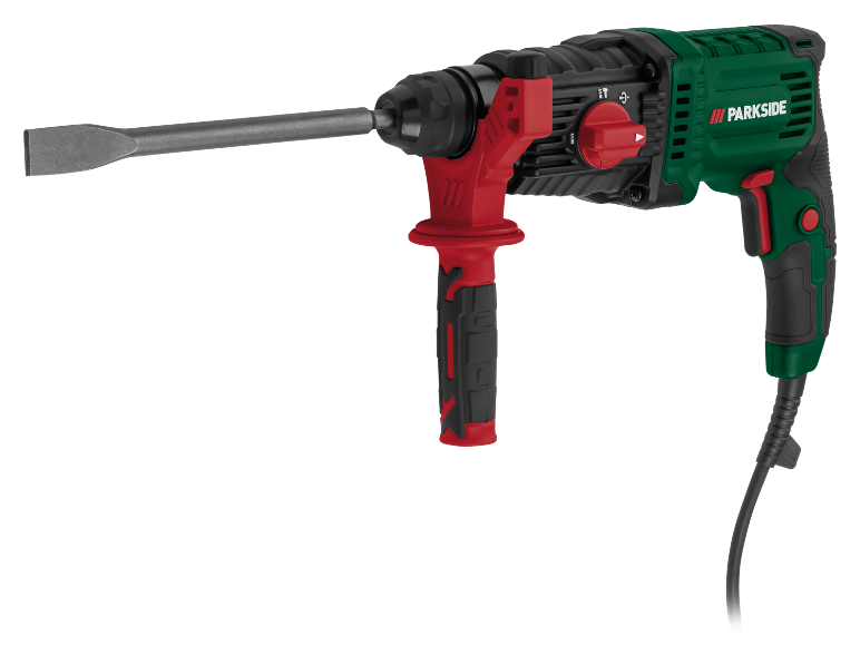 Martello perforatore verde e nero con impugnatura rossa e scalpello
