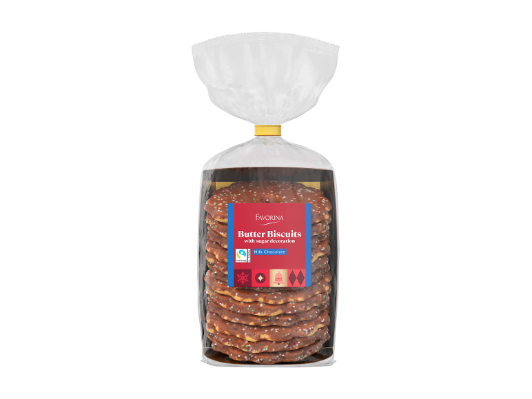 Confezione di biscotti al burro con decorazione di zucchero e cioccolato al latte.