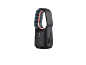 Riscaldatore e ventilatore senza pale nero con illuminazione rossa e blu, con pulsanti di accensione e luce.