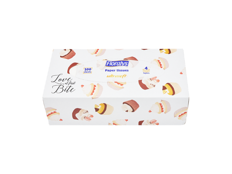 Scatola di fazzoletti bianca con design a cupcake e testo 'Love at first Bite'.