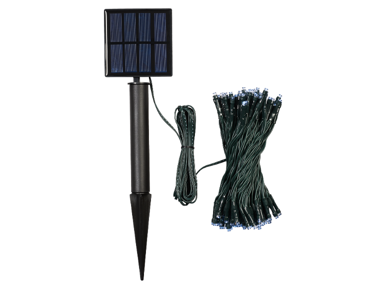 Luci da giardino con pannello solare, catena luminosa a LED e picchetto da terra.