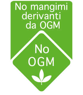 Etichetta verde con la scritta 'No mangimi derivanti da OGM' e 'No OGM'.