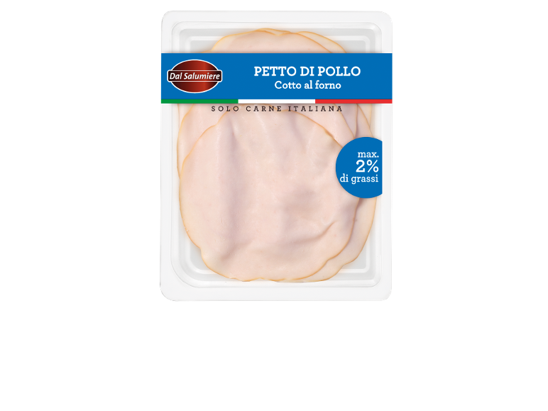 Petto di pollo cotto al forno con max. 2% di grassi, solo carne italiana.