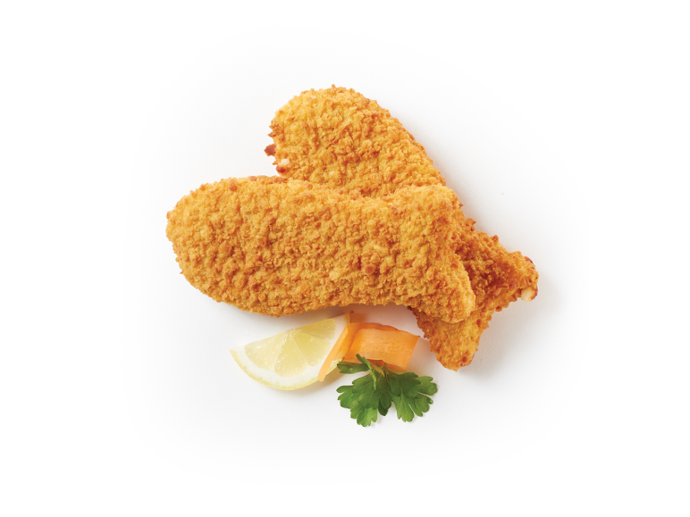 Croccanti striscioline di pollo impanate con limone, carote e prezzemolo.