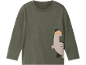 Maglietta verde a maniche lunghe per bambini con stampa di dinosauro con cappello.